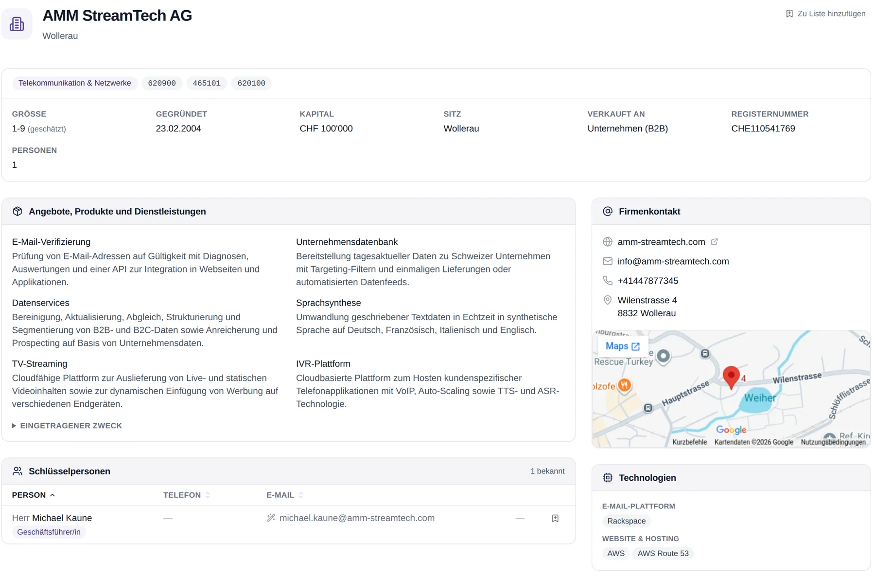 Das Firmenprofil in Ainova Plus: Name, Ort und Registernummer, Grösse, Gründungsjahr und Kapital, das Angebot in eigenen Worten, Firmenkontakt mit Website, E-Mail und Telefon, die Schlüsselpersonen mit Funktion und E-Mail sowie die eingesetzten Technologien