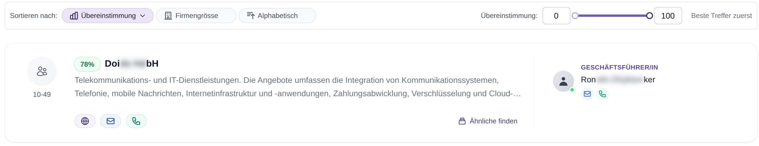 Ein Treffer mit 78 % Übereinstimmung: Firmengrösse, Kurzbeschreibung, Kontaktkanäle und die zuständige Person, darüber die Sortierung nach Übereinstimmung, Firmengrösse oder alphabetisch